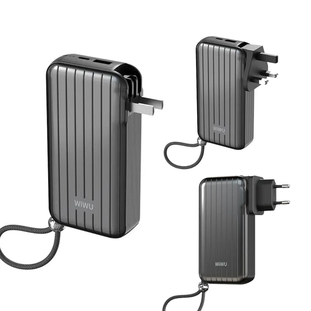 WiWU Trunk P030 10000mAh Power Bank Portable, Universal Plug, Built-in Cables, CCC Certified
