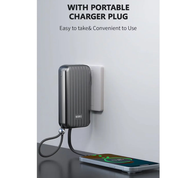 WiWU Trunk P030 10000mAh Power Bank Portable, Universal Plug, Built-in Cables, CCC Certified