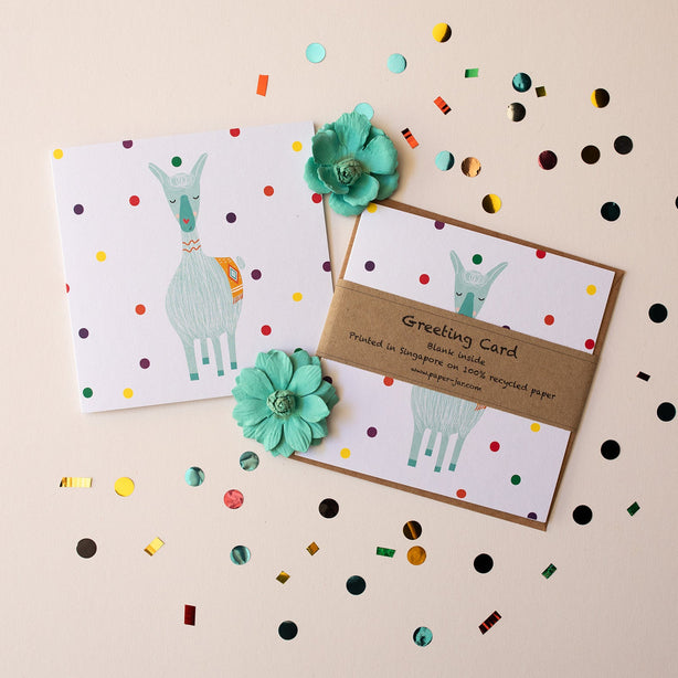 Blue Llama With Dots Greeting Card