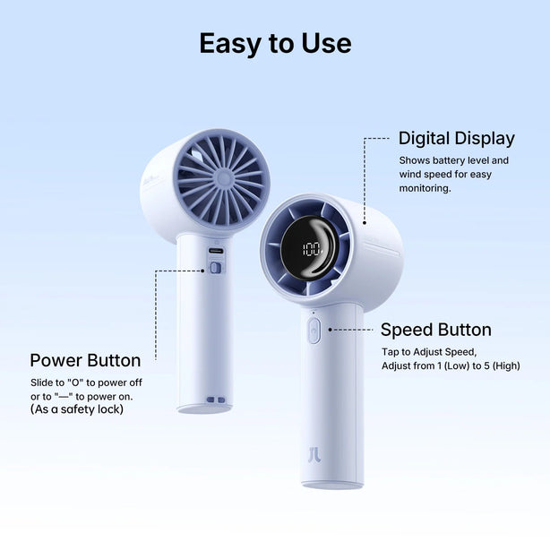 JISULIFE Handheld Fan LIFE10 4000mAh Mini Portable Fan 5-Speed 5.7m/s Strong Wind Safety Lock Compact Rechargeable – Blue