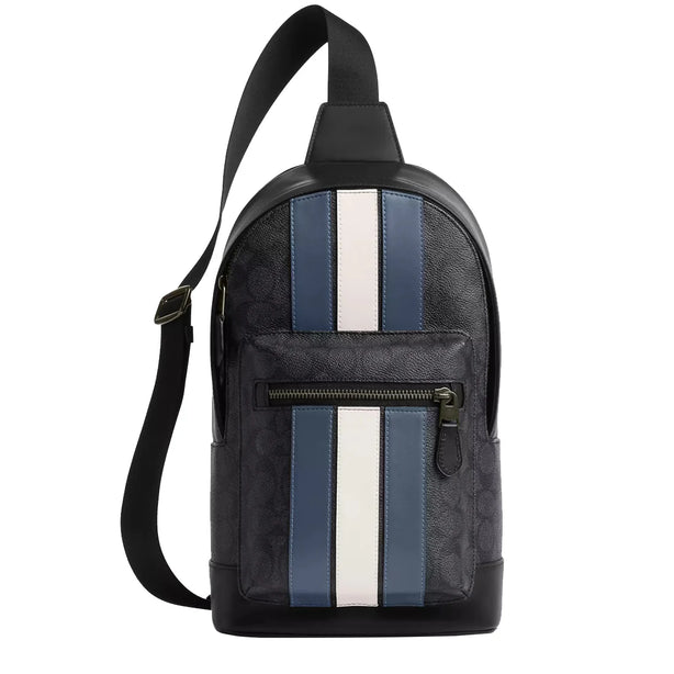 Coach West Pack Bag In Signature Canvas With Varsity Stripe in Charcoal/ Denim/ Chalk CV923