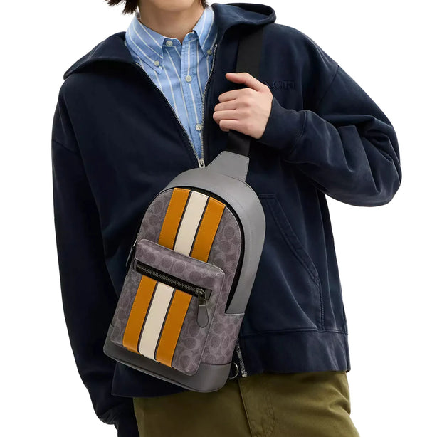 Coach West Pack Bag In Signature Canvas With Varsity Stripe Bag - Grey/ Ochre/ Chalk CV923