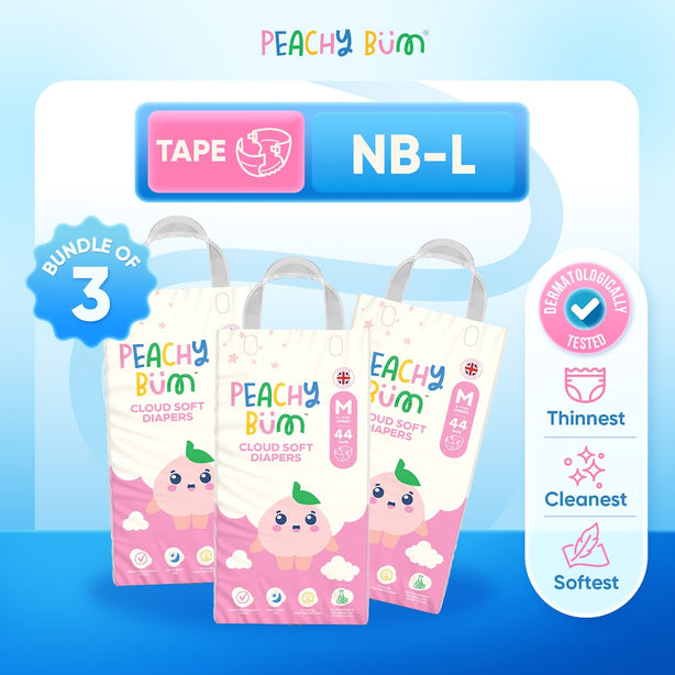 [Bundle of 3] Peachy Bum Cloud Soft Tape Diapers | Size NB | Size S | Size M | Size L