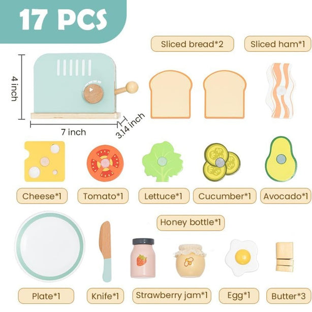 StitchesandTweed Wooden Toaster Toy Set Play Pretend Breakfast Set