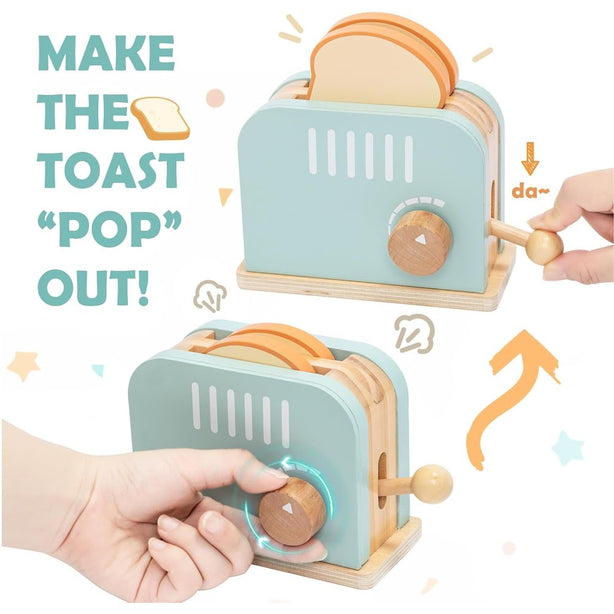StitchesandTweed Wooden Toaster Toy Set Play Pretend Breakfast Set