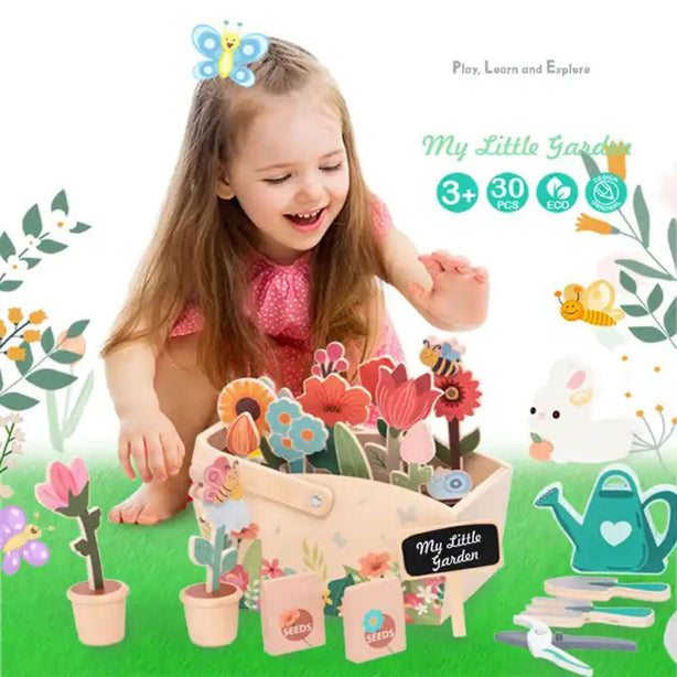 StitchesandTweed Wooden Little Garden Toy, Children Montessori Play Pretend Gardener Simulation Plants Toy for Kids Toddler