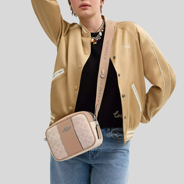 COACH Jamie Camera Bag In Signature Canvas With Stripe Sand/Taupe CZ185