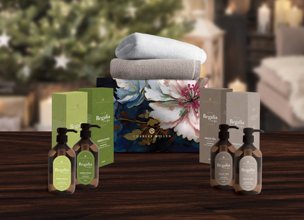 Charles Millen Signature Collection Rebliss Loft Sports Bath Towel With Regalia Shower Gel and Shampoo Gift Set,CM25-X45, Tart Brown + White Tea