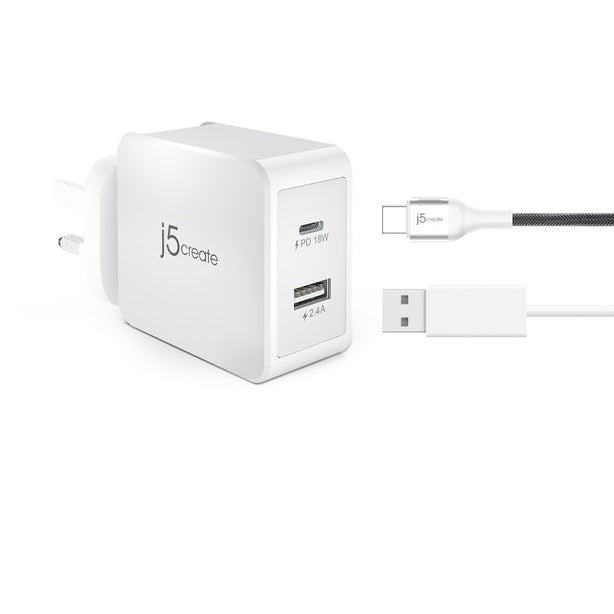J5Create 30W 2-Port PD USB-C Mobile Charger Power Delivery & Quick Charge