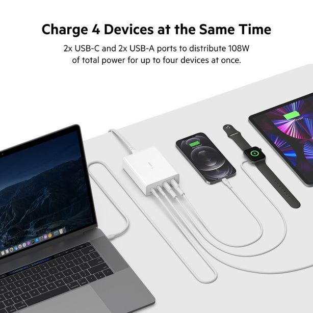 Belkin 108W Usb-C Charger, Gan, 4-Port, 2M Cord