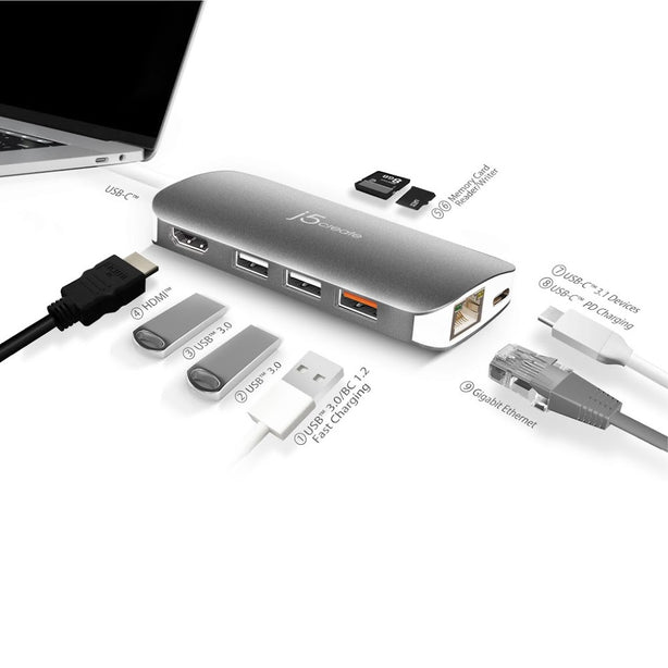 J5Create USB 3.1 Type-C Multi Adapter With HDMI/Ethernet/USB 3.1 Hub/PD 2.0/SD & Micro SD Card Reader