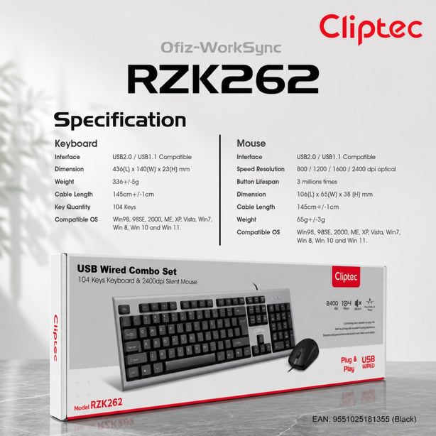 Cliptec RZK262 USB 104 Keys Keyboard And 2400DPI Silent Mouse Combo Set - Black
