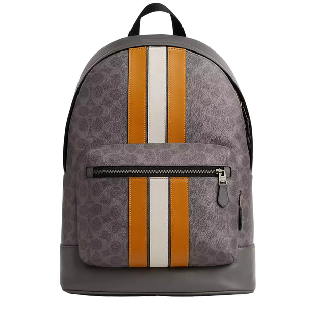 Coach West Backpack Bag In Signature Canvas With Varsity Stripe - Grey/ Ochre/ Chalk CV922