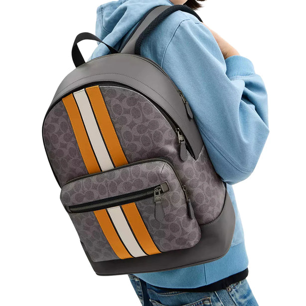 Coach West Backpack Bag In Signature Canvas With Varsity Stripe - Grey/ Ochre/ Chalk CV922
