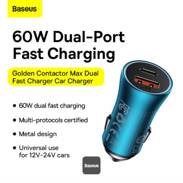 Baseus Golden Contactor Max Dual Fast Charger Car Charger U+C 60W Blue