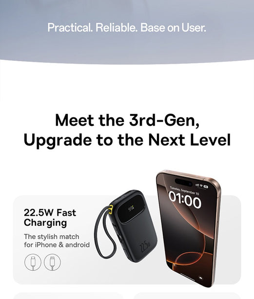 OS-Baseus EnerFill FC31 Qpow 3 Digital Display Power Bank with USB-C+iP Cables 20000mAh 45W Nebula Purple