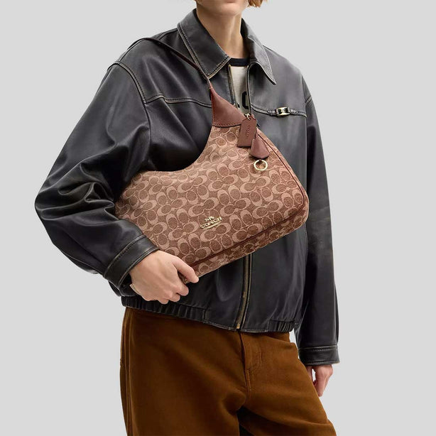 COACH Ella Shoulder Bag In Signature Chenille Light Khaki/Vintage Brown RS-CCE49