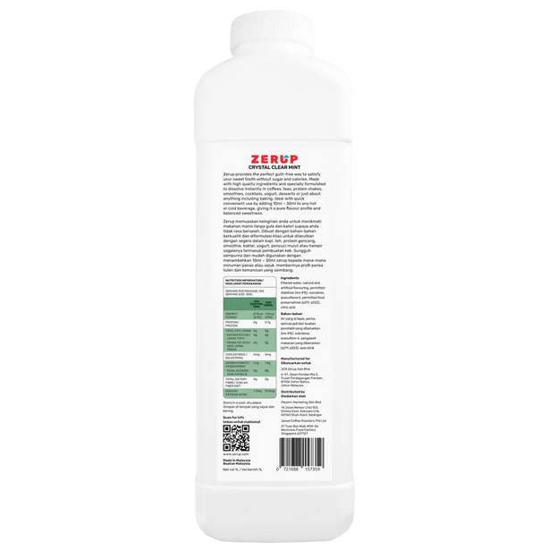Zerup Zero Sugar Crystal Clear Mint Syrup 1L
