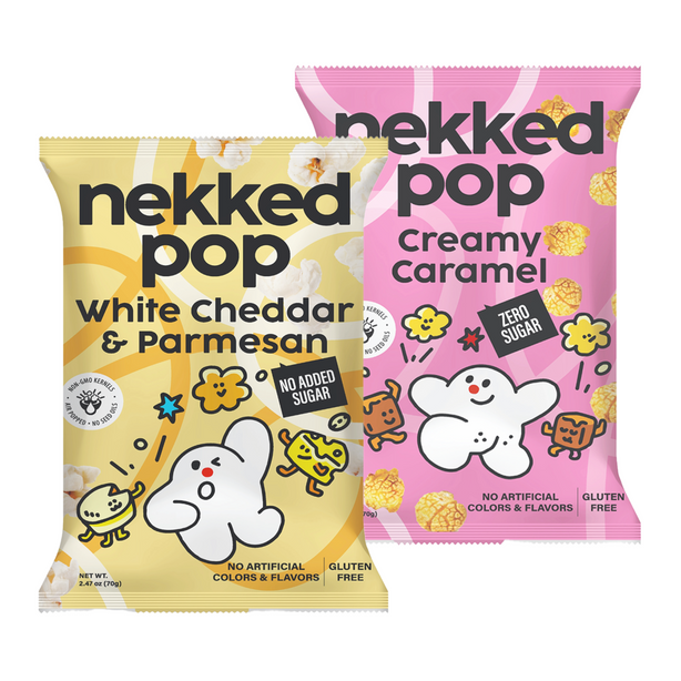 Nekked Creamy Caramel 70g and White Cheddar & Parmesan Popcorn 70g (Bundle Pack)