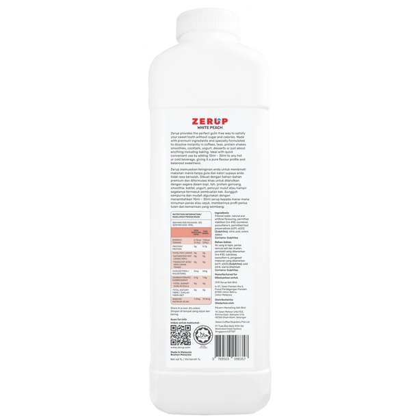 Zerup Zero Sugar White Peach Syrup 1L
