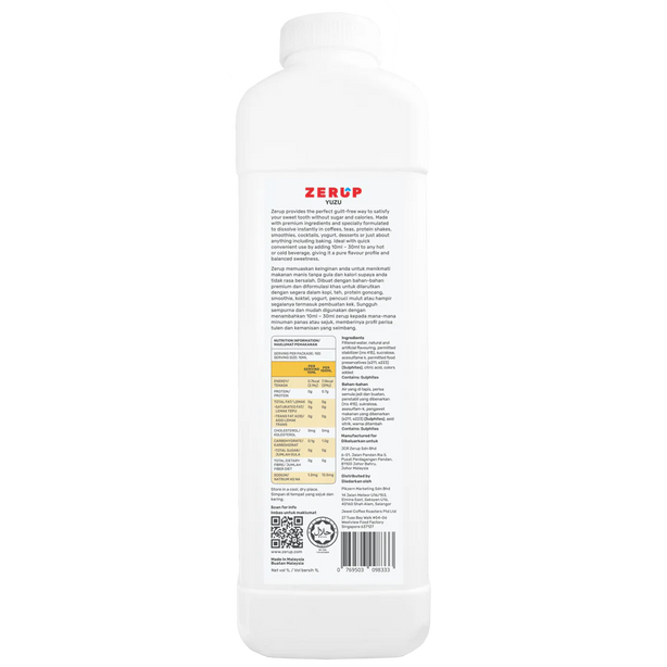 Zerup Zero Sugar Yuzu Syrup 1L