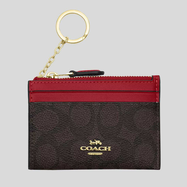 COACH Mini Skinny ID Case In Signature Canvas Walnut/True Red RS-CW870