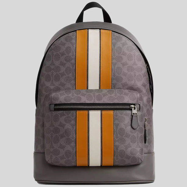 COACH West Backpack In Signature Canvas With Varsity Stripe Grey/Ochre/Chalk RS-CV922