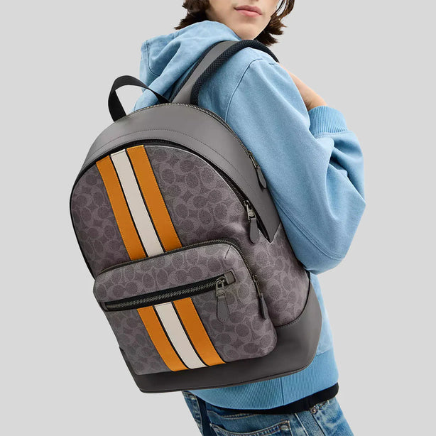 COACH West Backpack In Signature Canvas With Varsity Stripe Grey/Ochre/Chalk RS-CV922