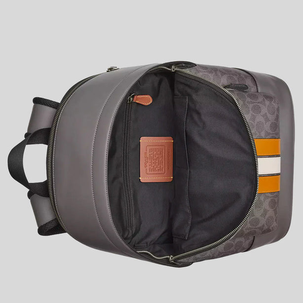 COACH West Backpack In Signature Canvas With Varsity Stripe Grey/Ochre/Chalk RS-CV922