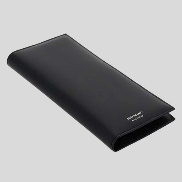 FERRAGAMO Classic Men's Leather Slim Long Bifold Wallet Black RS-770106