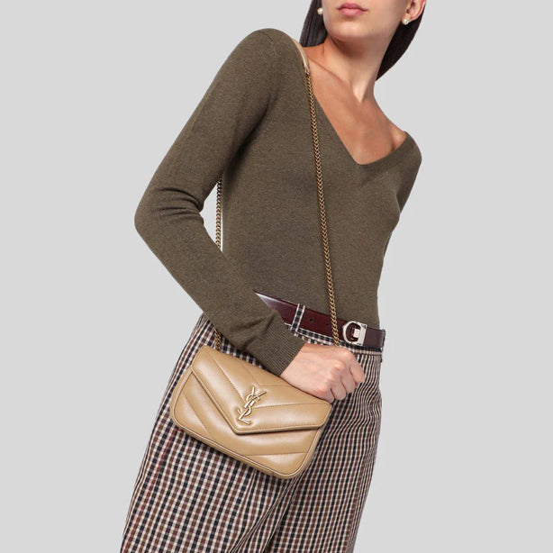 SAINT LAURENT YSL Loulou Mini Chain Bag In Quilted Lambskin Beige RS-821749AAEAX