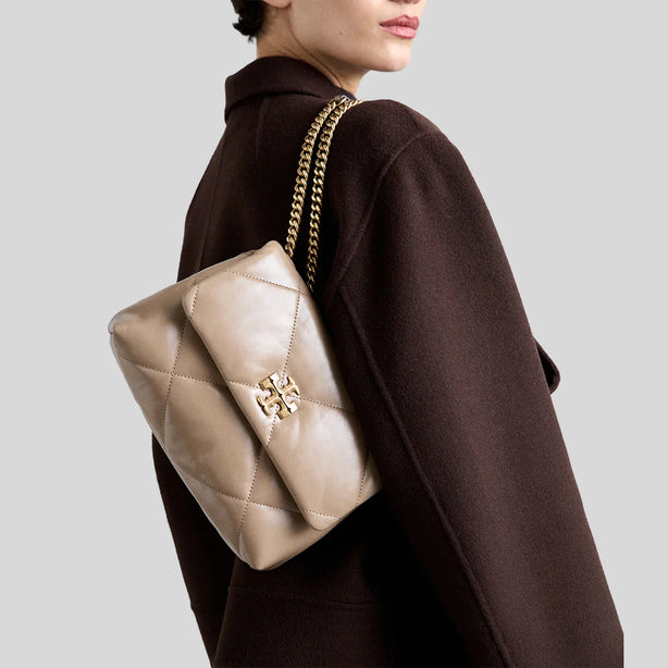 TORY BURCH Small Kira Diamond Quilt Convertible Shoulder Bag Taupe Oak RS-154706
