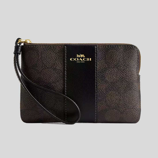 COACH Corner Zip Wristlet In Signature Canvas With Stripe Walnut/Black RS-CW854