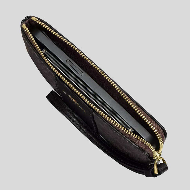 COACH Corner Zip Wristlet In Signature Canvas With Stripe Walnut/Black RS-CW854