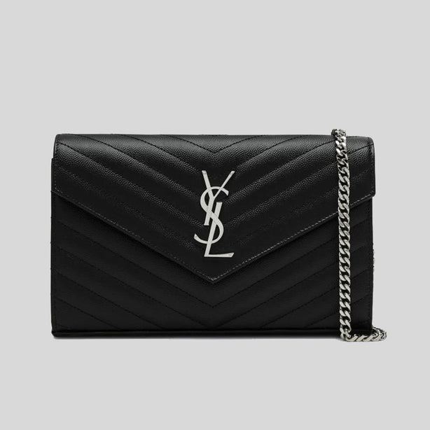 SAINT LAURENT YSL Matelasse Chain Wallet In Grain De Poudre Embossed Leather Black/Silver RS-377828BOW02