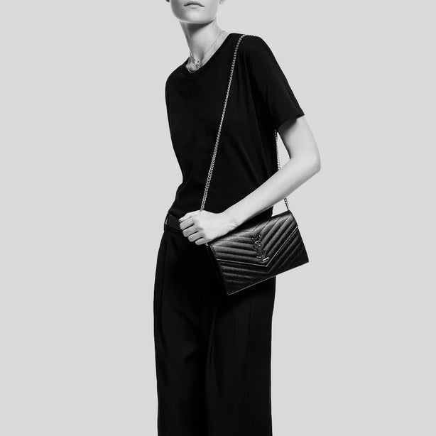SAINT LAURENT YSL Matelasse Chain Wallet In Grain De Poudre Embossed Leather Black/Silver RS-377828BOW02