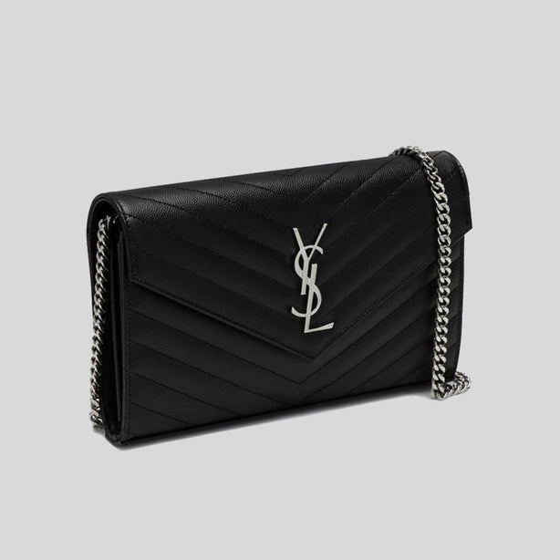 SAINT LAURENT YSL Matelasse Chain Wallet In Grain De Poudre Embossed Leather Black/Silver RS-377828BOW02