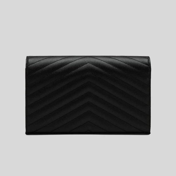 SAINT LAURENT YSL Matelasse Chain Wallet In Grain De Poudre Embossed Leather Black/Silver RS-377828BOW02