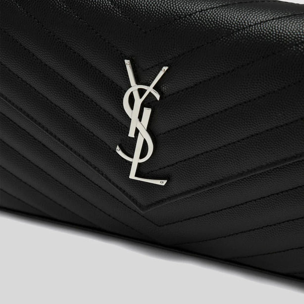 SAINT LAURENT YSL Matelasse Chain Wallet In Grain De Poudre Embossed Leather Black/Silver RS-377828BOW02