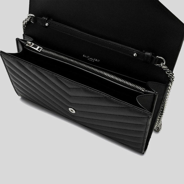 SAINT LAURENT YSL Matelasse Chain Wallet In Grain De Poudre Embossed Leather Black/Silver RS-377828BOW02