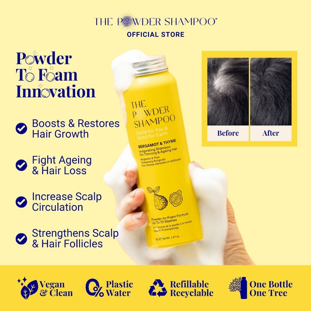 The Powder Shampoo Invigorating & Stimulating Foaming Powder Shampoo For Thinning & Aging Hair 20g Sustainable, Vegan, Plastic-Free