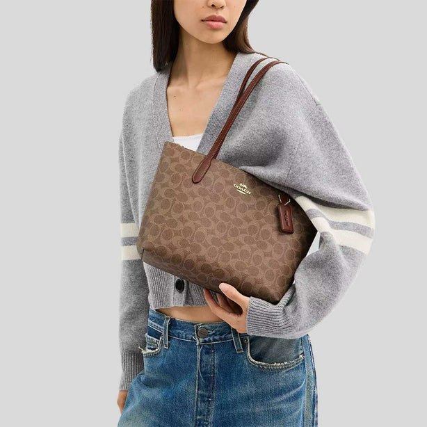 COACH Fiona Zip Tote Bag In Signature Canvas Tan/Brown RS-CBT18