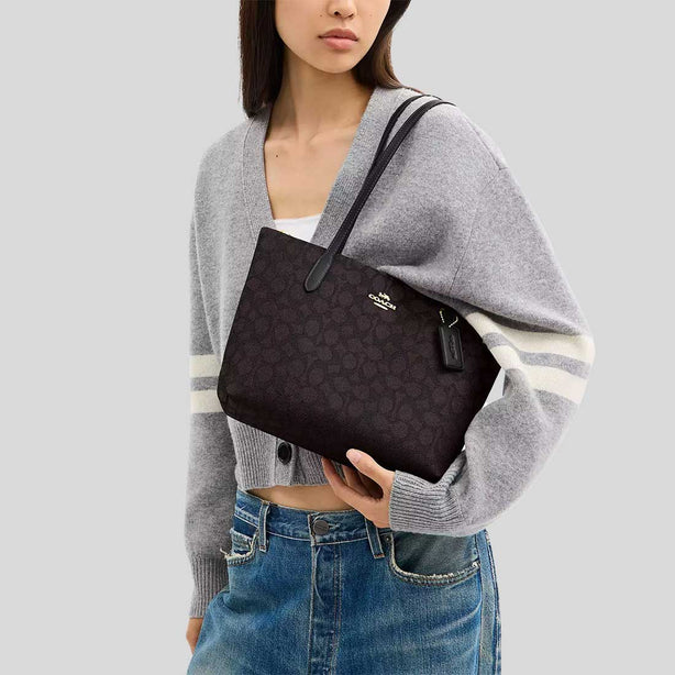 COACH Fiona Zip Tote Bag In Signature Canvas Walnut/Black RS-CBT18