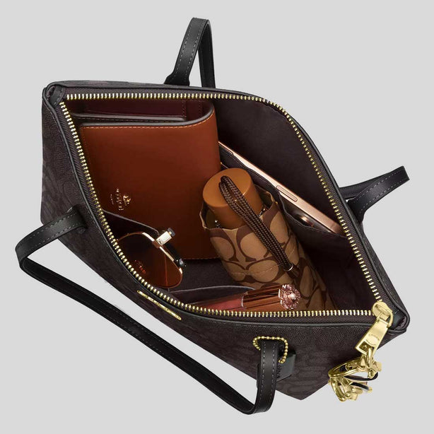 COACH Fiona Zip Tote Bag In Signature Canvas Walnut/Black RS-CBT18