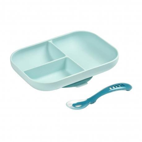 Beaba Silicone Suction Divided Plate & Spoon - Pink