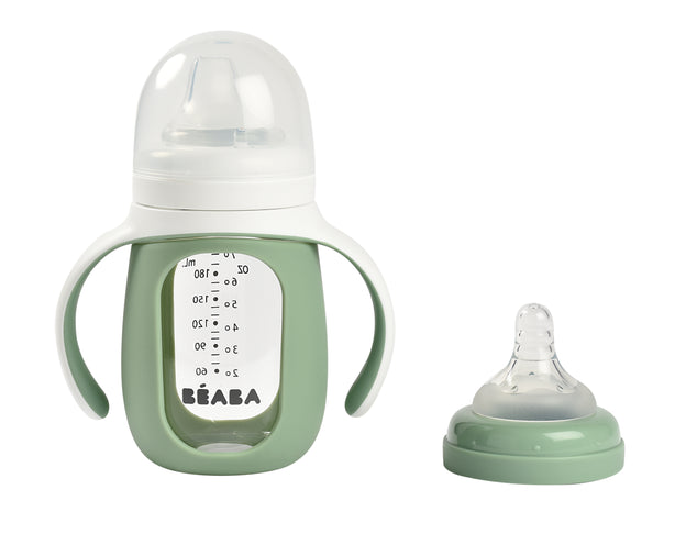 Beaba Glass Bottle with Silicone Protective Sleeve 210ml - Sage Green