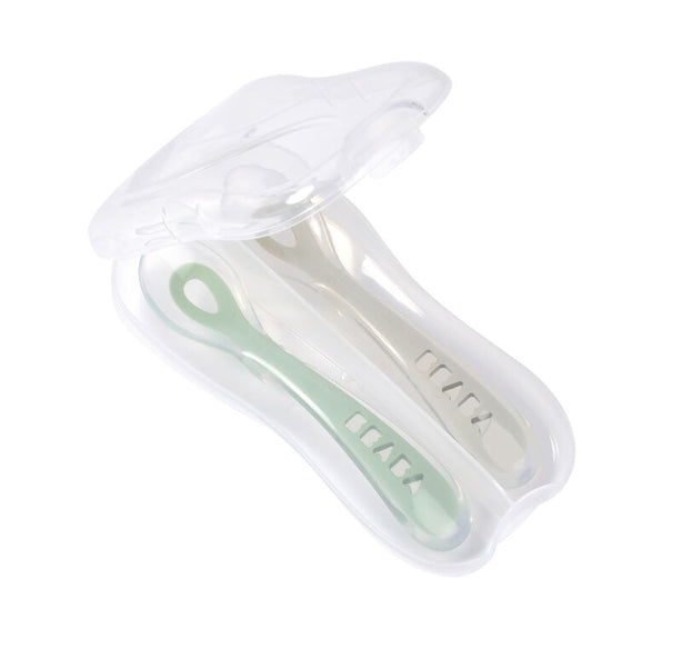 Beaba 2nd Stage Silicone Spoon & Case 2 Pack - Velvet Grey/Sage Green