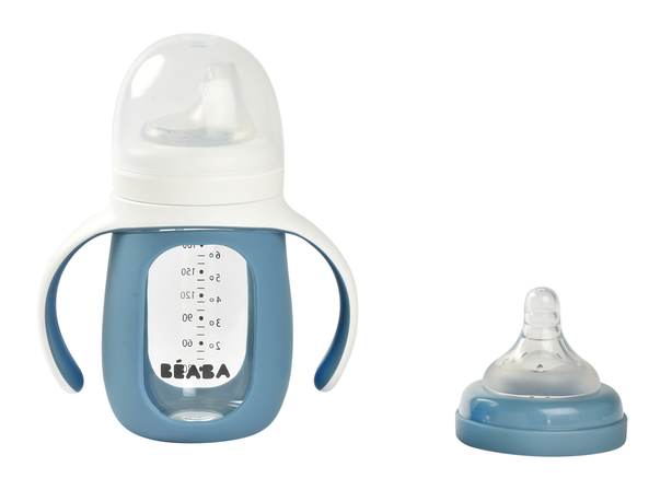 Beaba Glass Bottle with Silicone Protective Sleeve 210ml - Windy Blue