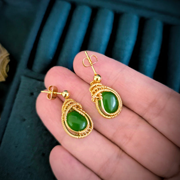Ondeh-Ondeh Kueh Koci Wrap Green Jade Gold Earrings