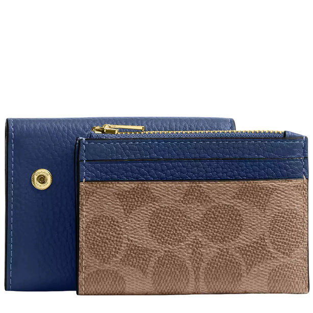 Coach Card Holder Wallet In Signature Canvas in Tan/ Deep Blue CZ034